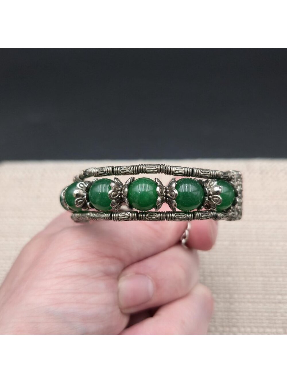 7 Inch Vintage Green Jade Bead Filigree Multi-Strand Cuff Bracelet B1530 - Picture 2 of 6